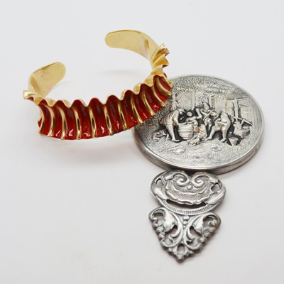 Vintage Circa 1940 Enamel Cuff and Silver Plate Hand Mirror