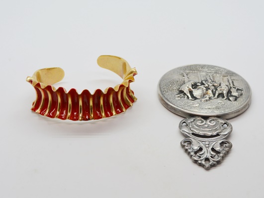 Vintage Circa 1940 Enamel Cuff and Silver Plate Hand Mirror