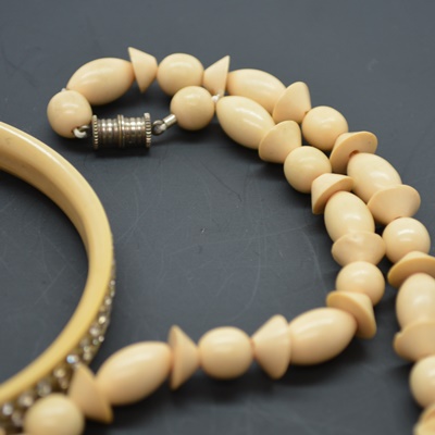 Antique Rhinestone Celluloid Bracelet and Hand Carved Necklace