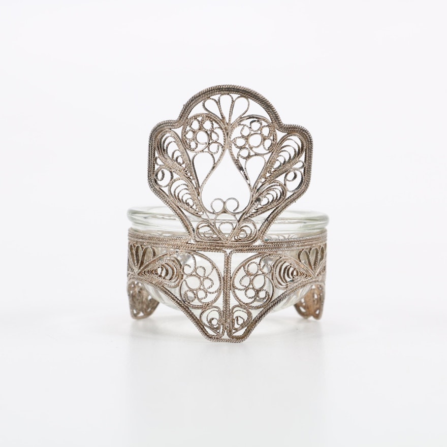 Silver Tone Filigree Holder with Glass Dish