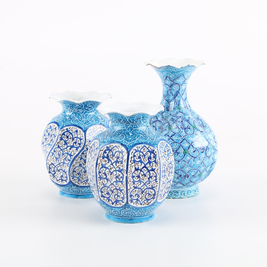 Selection of Hand-Painted Enameled Metal Iznik-Style Vases
