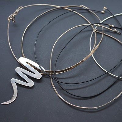 Sterling Silver Wire, Rubber and Leather Necklaces and Brooch