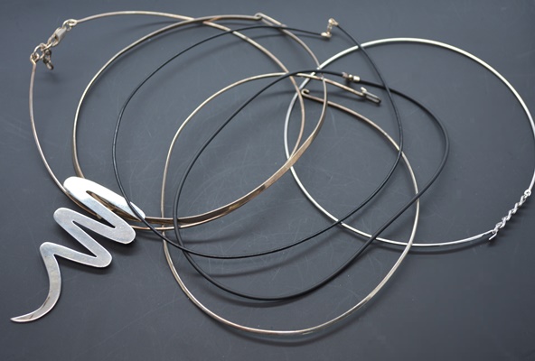 Sterling Silver Wire, Rubber and Leather Necklaces and Brooch