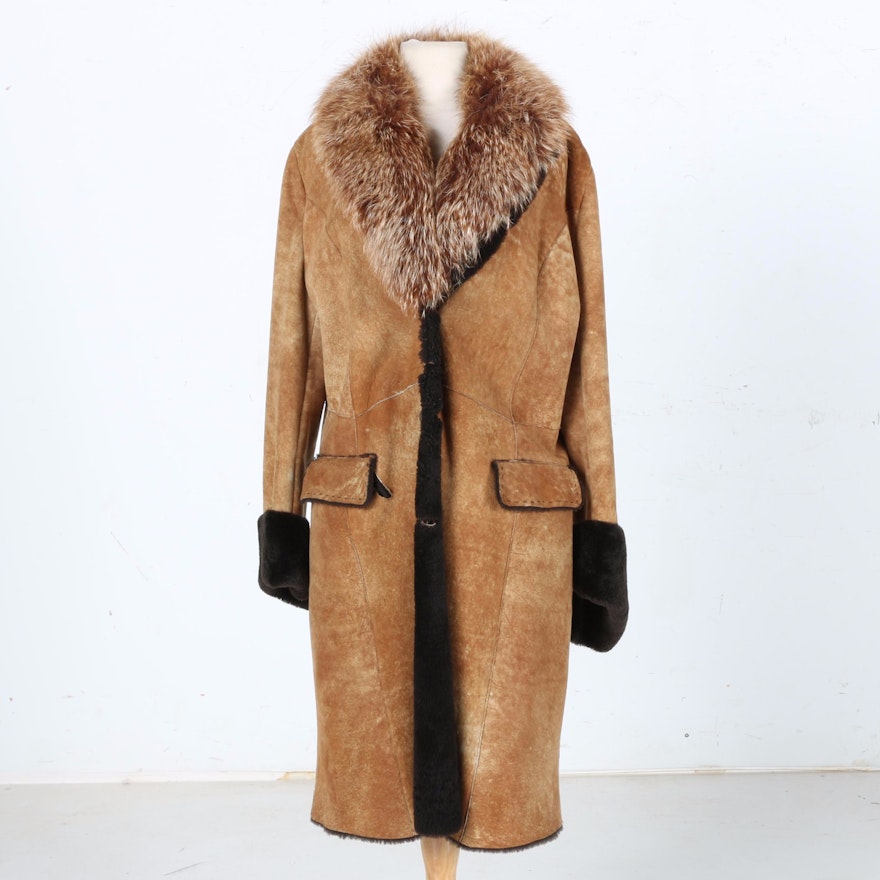 INOCHI Suede and Lamb Coat With Fox Collar