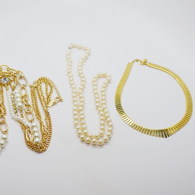 Three Faux Pearl and Gold Tone Costume Necklaces