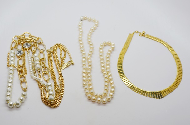 Three Faux Pearl and Gold Tone Costume Necklaces