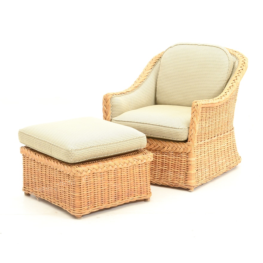 Upholstered Wicker Chair with Ottoman