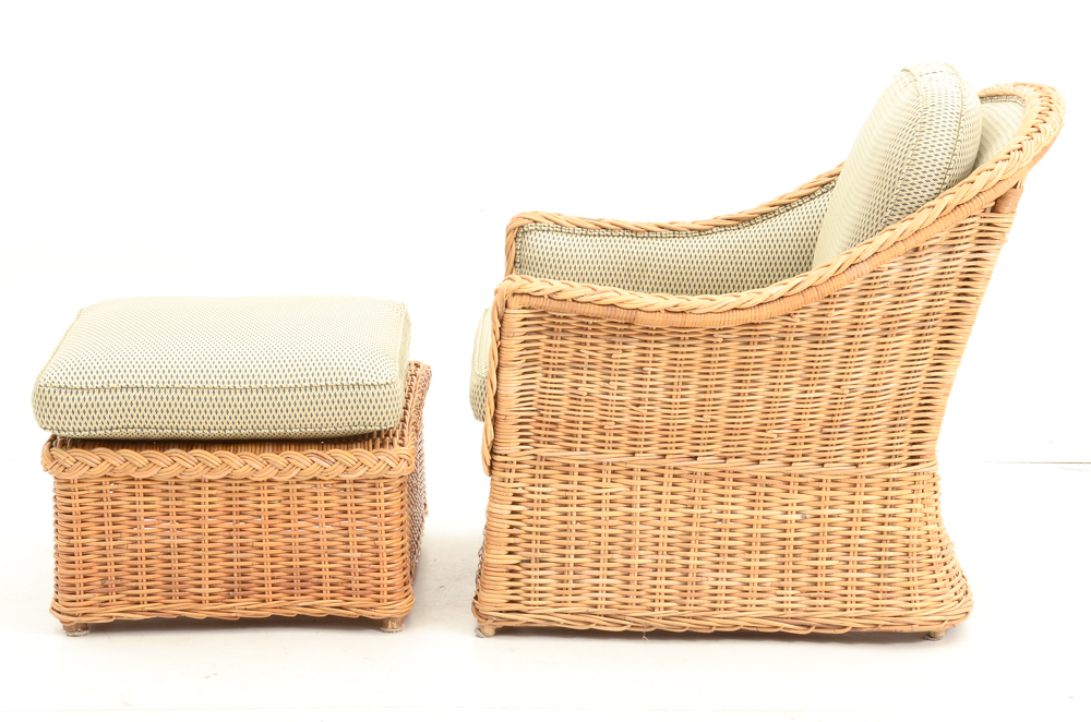 Upholstered Wicker Chair with Ottoman