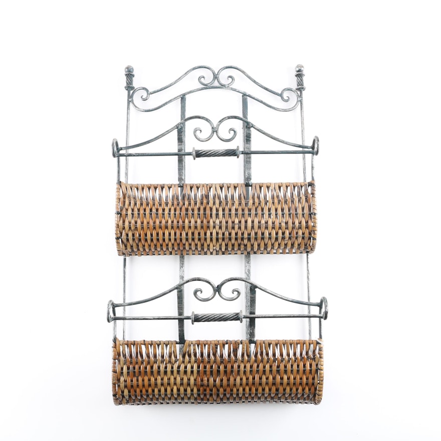 Scrolled Metal and Wicker Magazine Rack