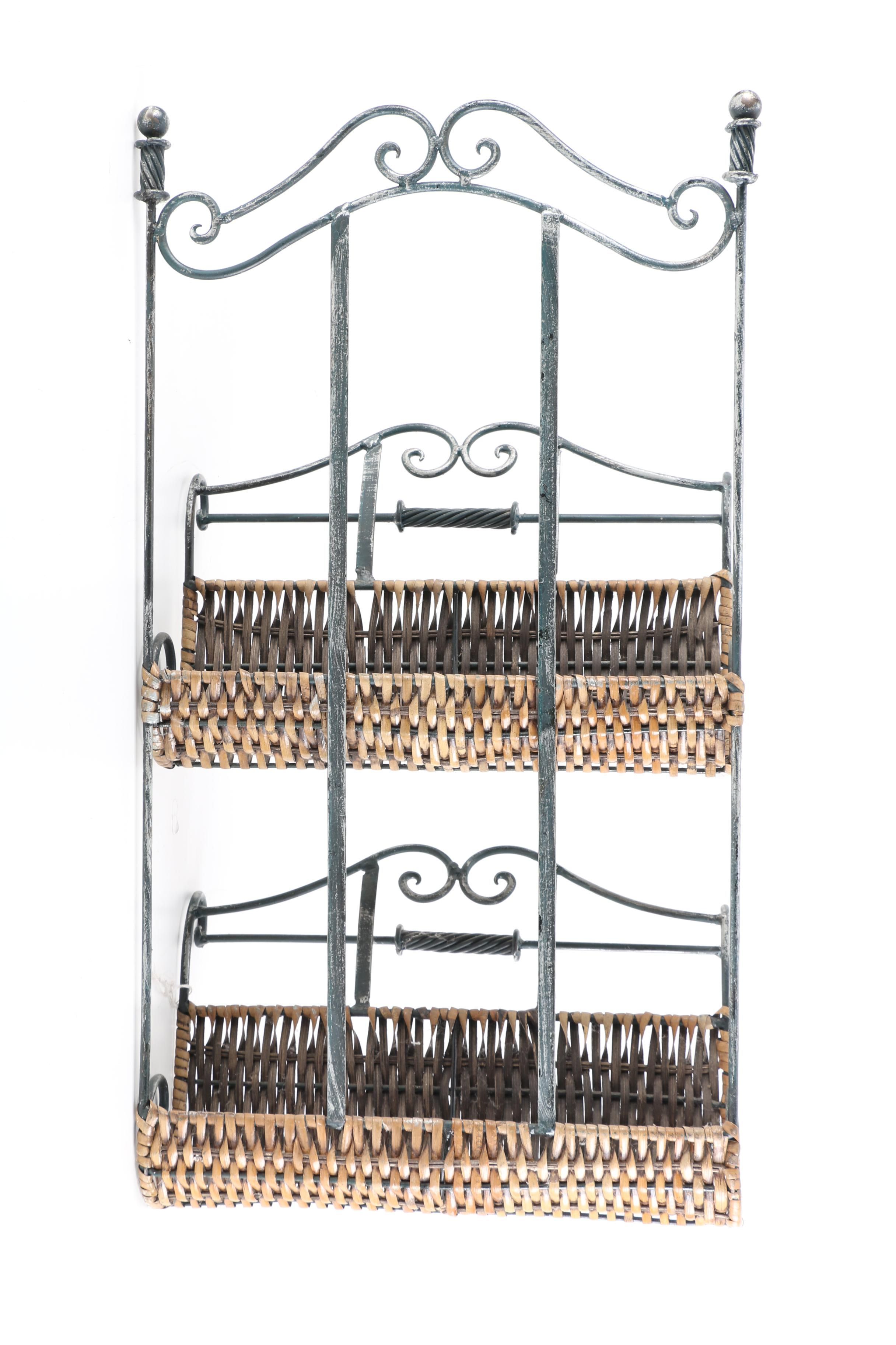Scrolled Metal and Wicker Magazine Rack
