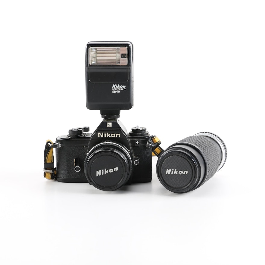 1980s Nikon EM 35mm Camera With Lens and Flash