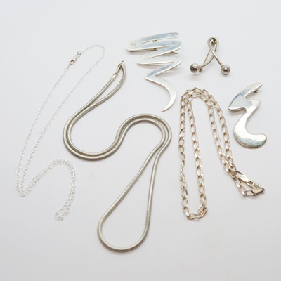 Three Stering Silver Necklaces and Three Sterling Silver Brooches