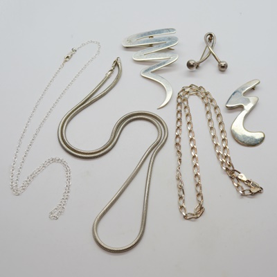 Three Stering Silver Necklaces and Three Sterling Silver Brooches