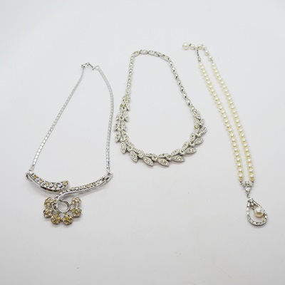 Three Silver Tone Rhinestone and Faux Pearl Costume Necklaces