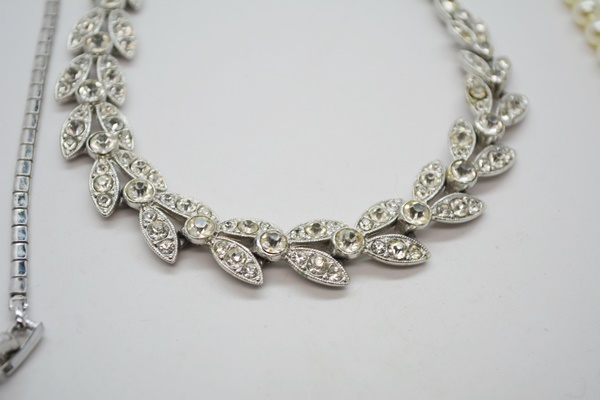 Three Silver Tone Rhinestone and Faux Pearl Costume Necklaces