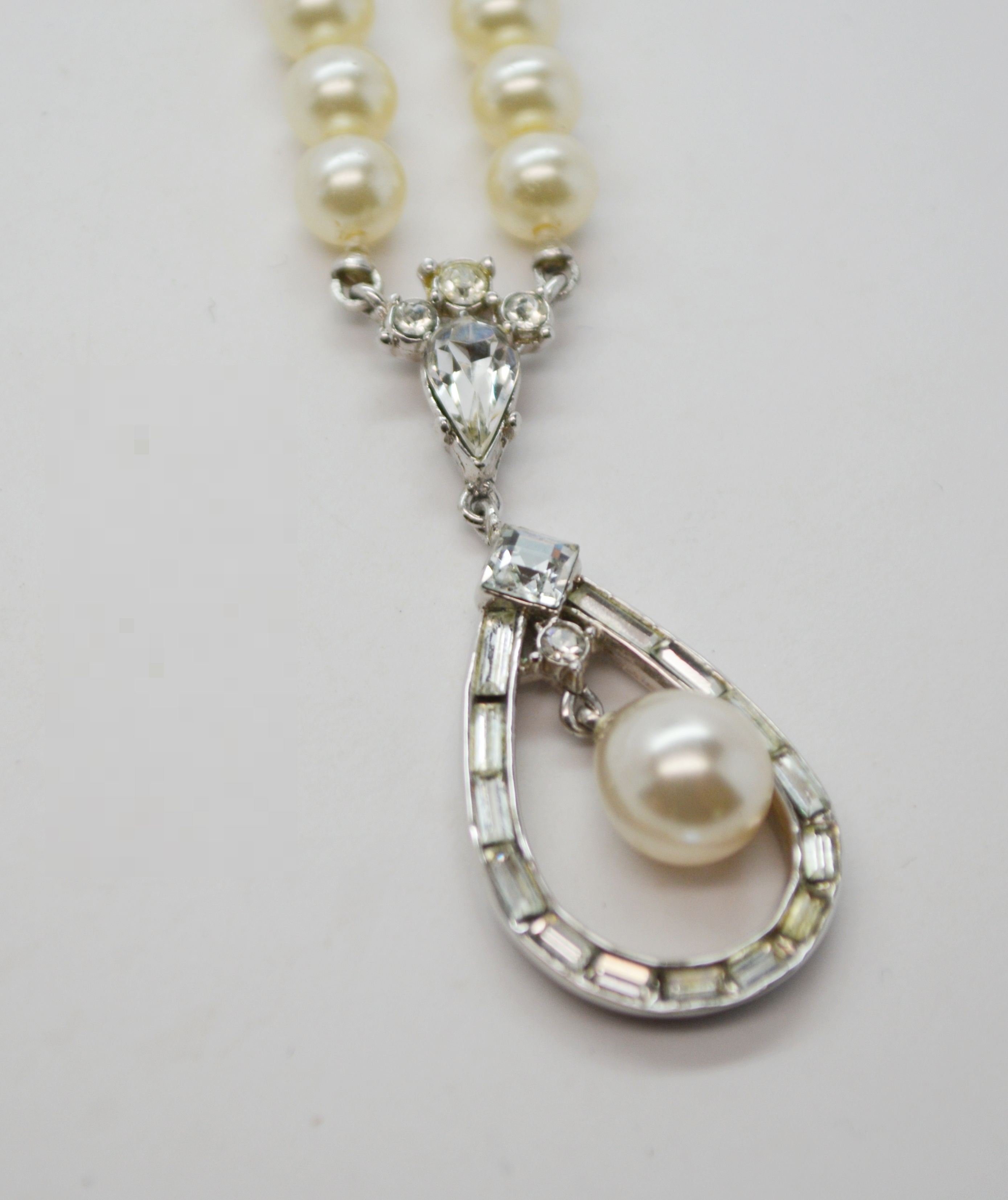Three Silver Tone Rhinestone and Faux Pearl Costume Necklaces