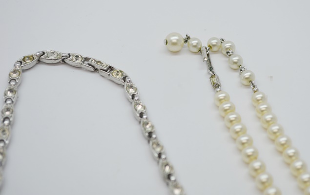 Three Silver Tone Rhinestone and Faux Pearl Costume Necklaces