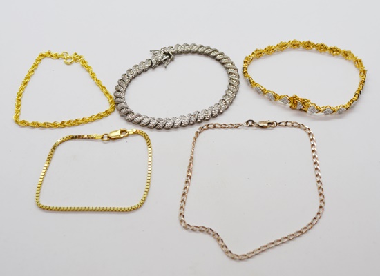 Five Sterling Silver Bracelets and Anklet