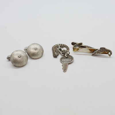 Sterling Silver Faux Diamond Cufflinks, Bass Clip and Other Sterling