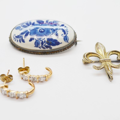 Sterling Silver Gold Wash Brooch, Pierced Earrings and Porcelain Brooch