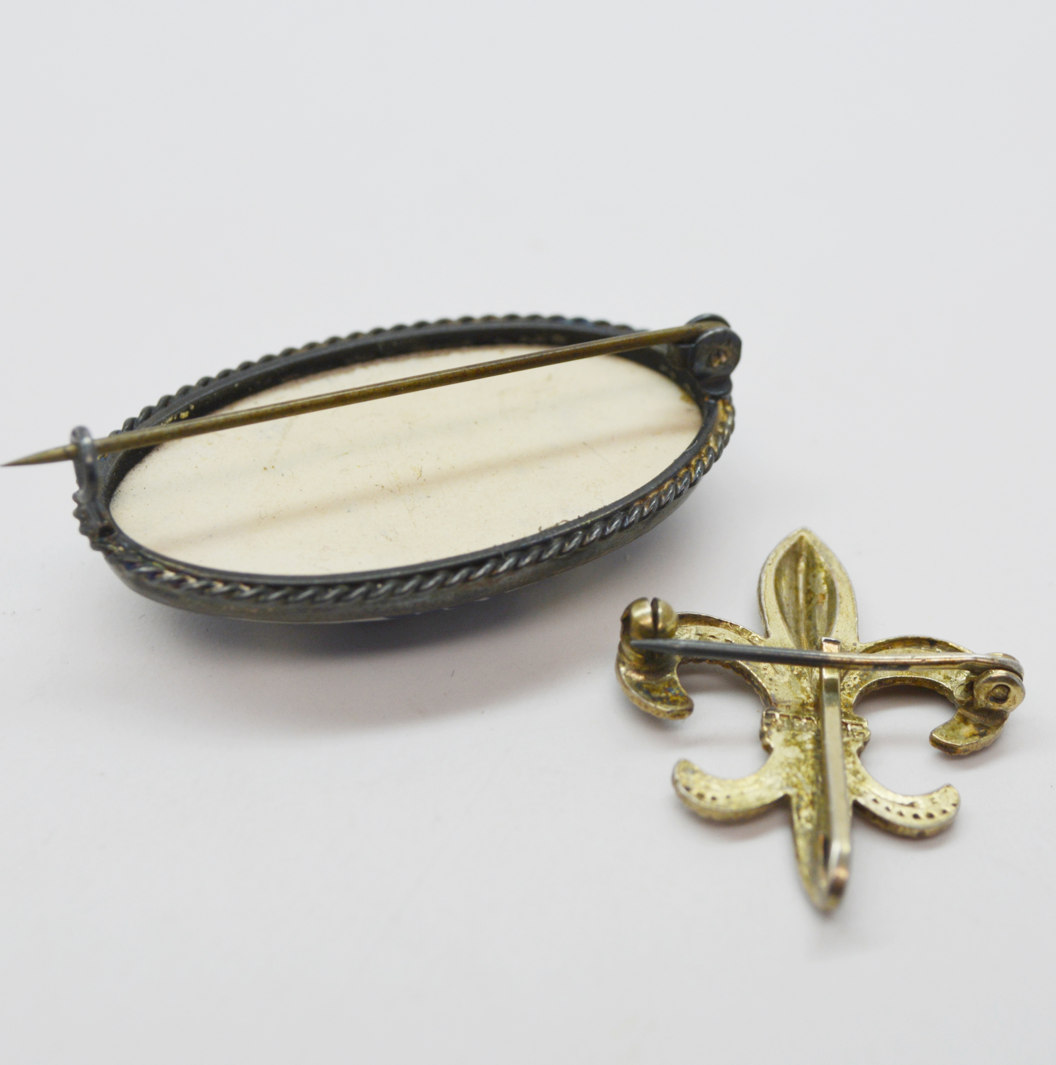 Sterling Silver Gold Wash Brooch, Pierced Earrings and Porcelain Brooch