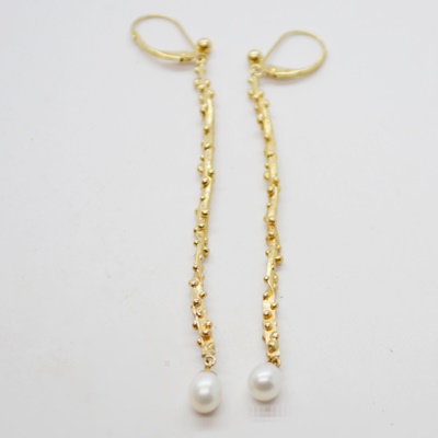 14K Yellow Gold Freshwater Pearl Drop Pierced Earrings