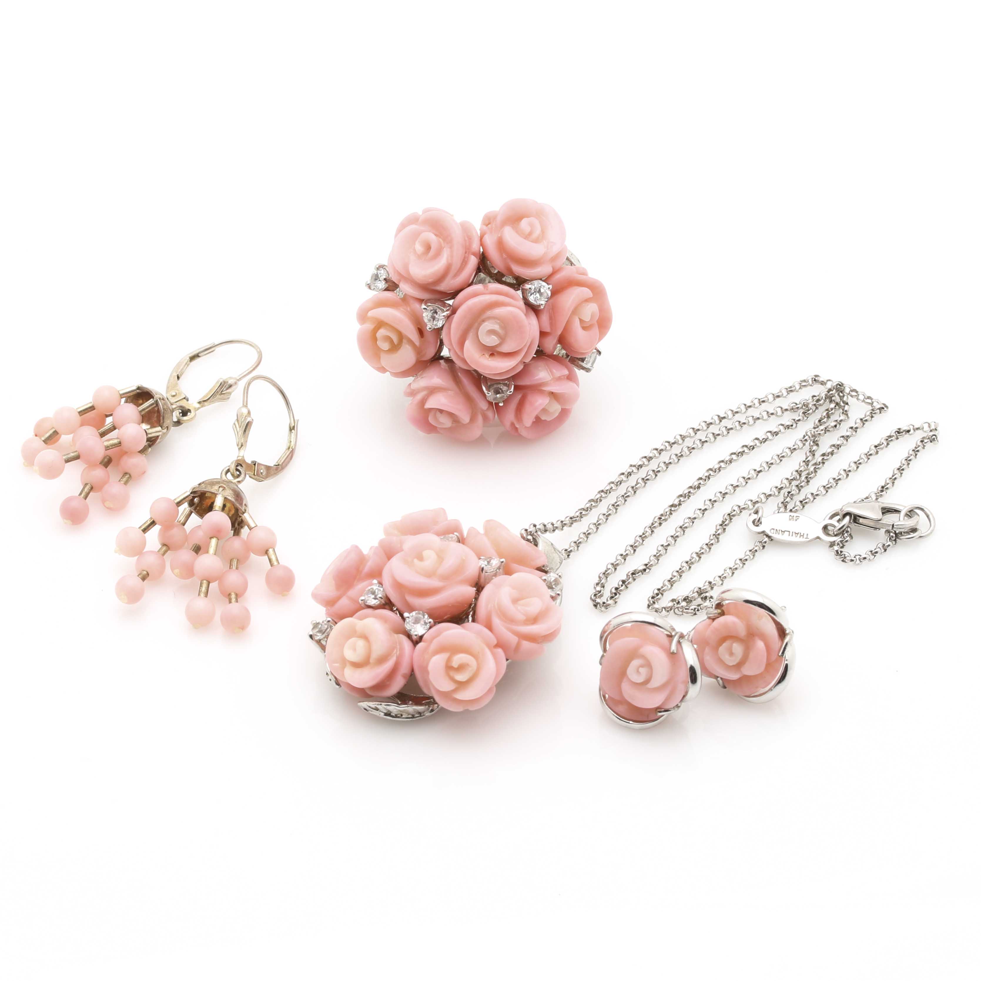 Sterling Silver Cubic Zirconia and Rose Shell Parure With Married Earrings