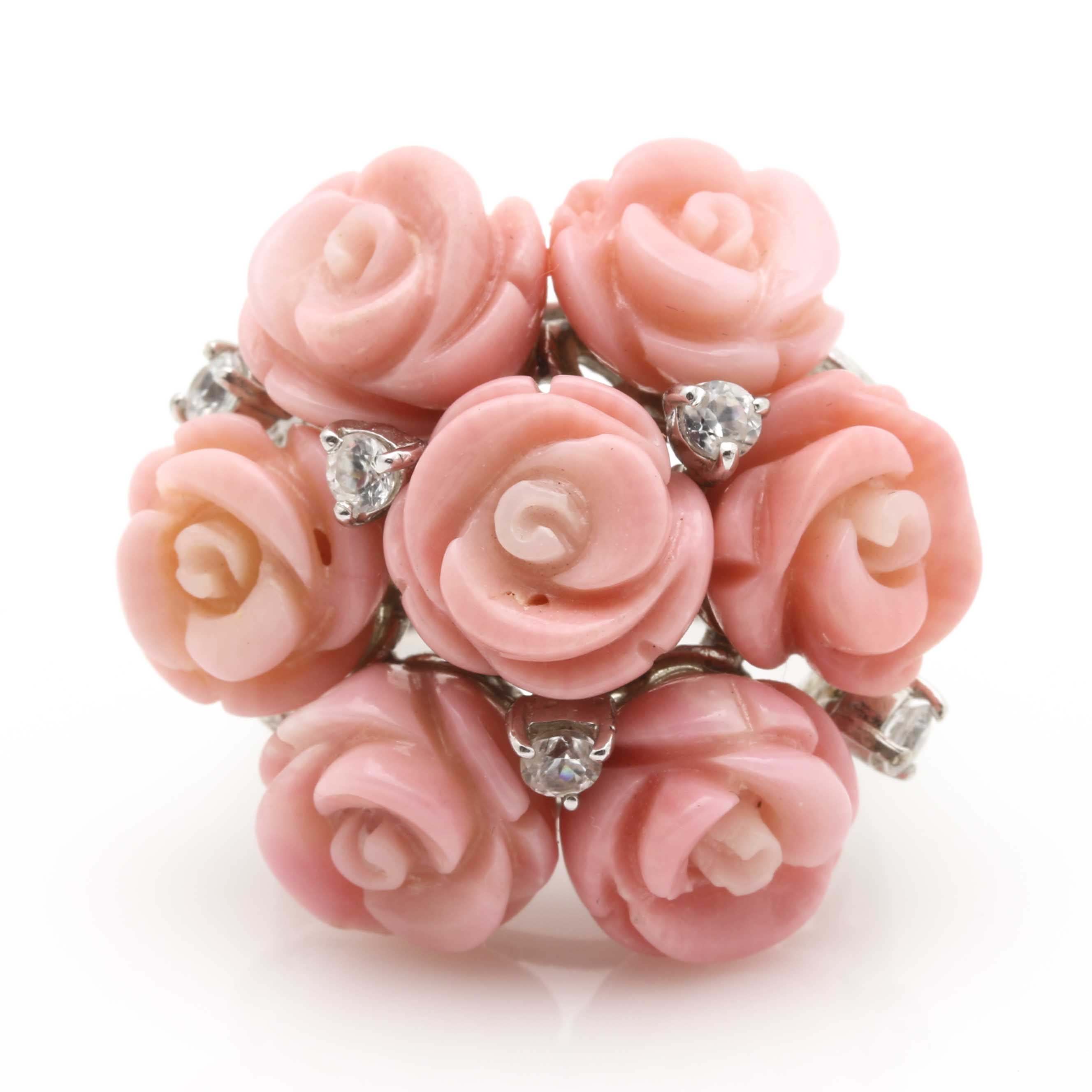 Sterling Silver Cubic Zirconia and Rose Shell Parure With Married Earrings