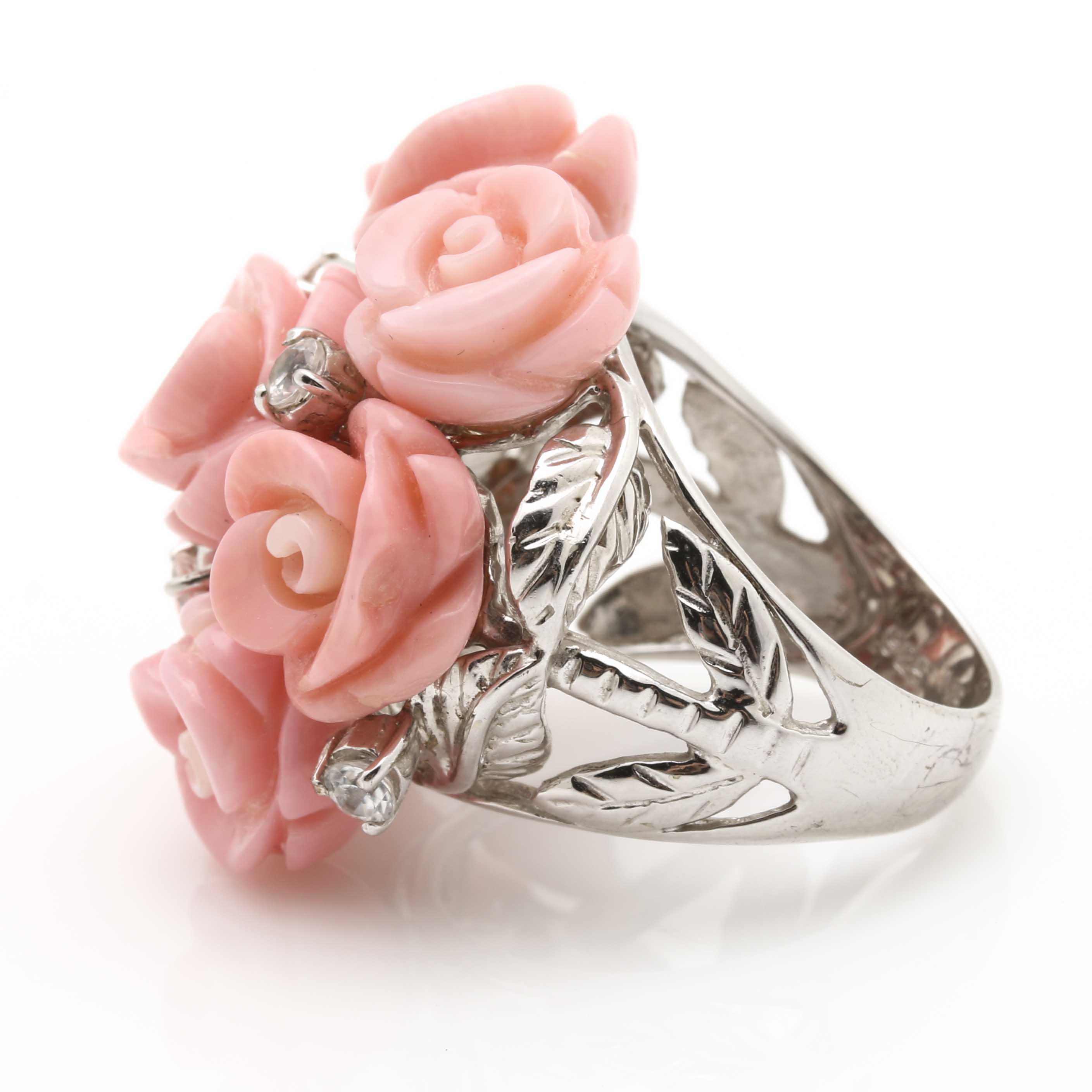 Sterling Silver Cubic Zirconia and Rose Shell Parure With Married Earrings