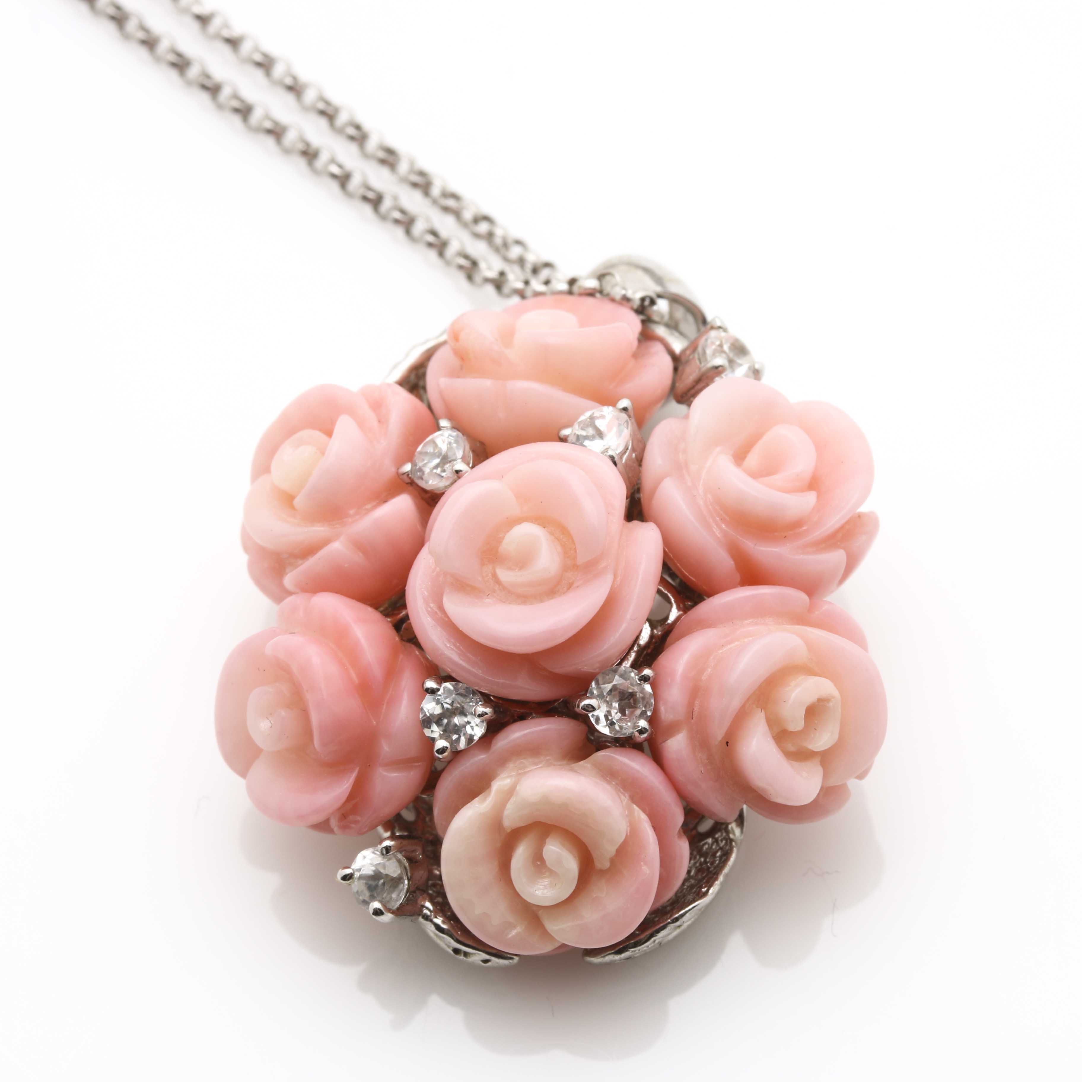 Sterling Silver Cubic Zirconia and Rose Shell Parure With Married Earrings