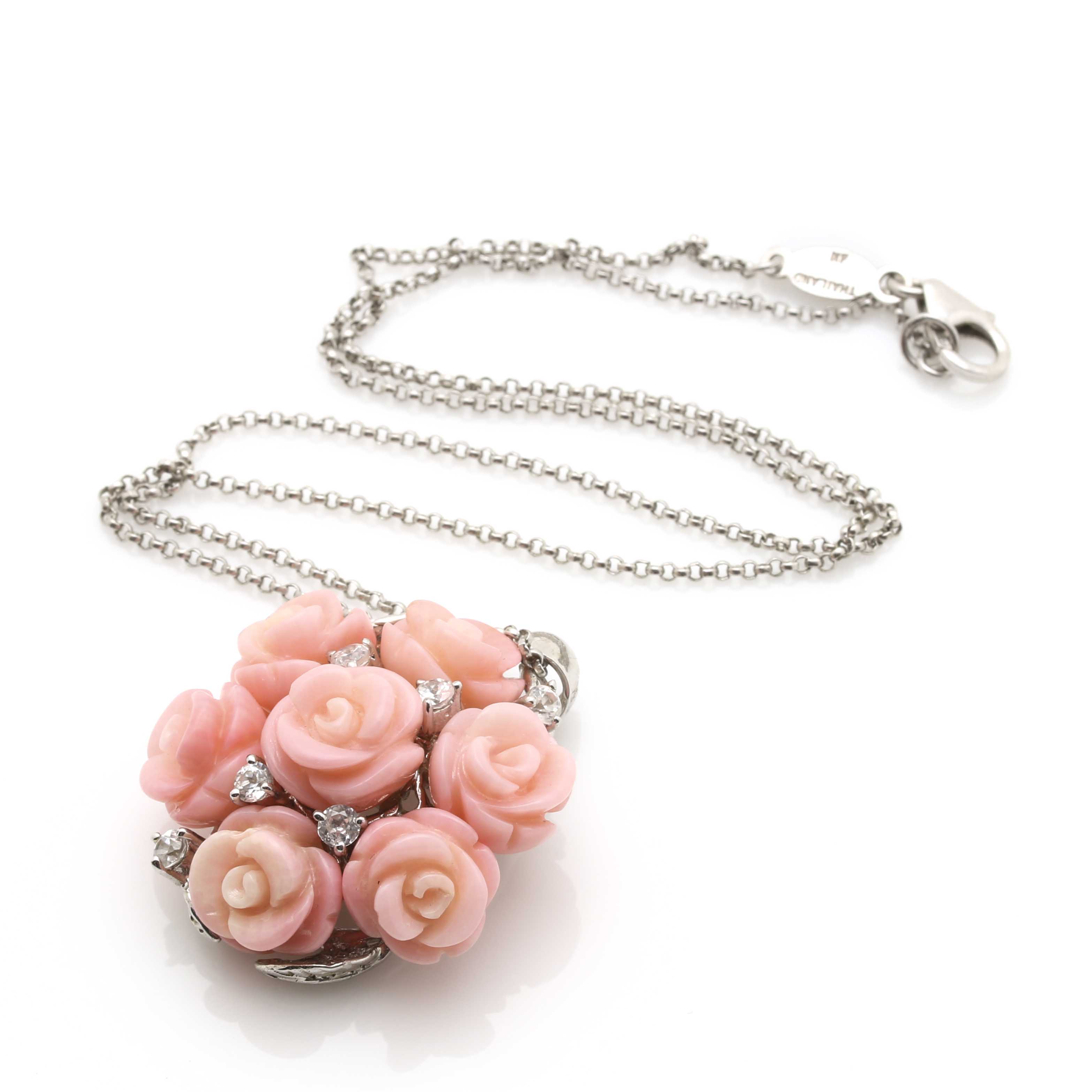 Sterling Silver Cubic Zirconia and Rose Shell Parure With Married Earrings