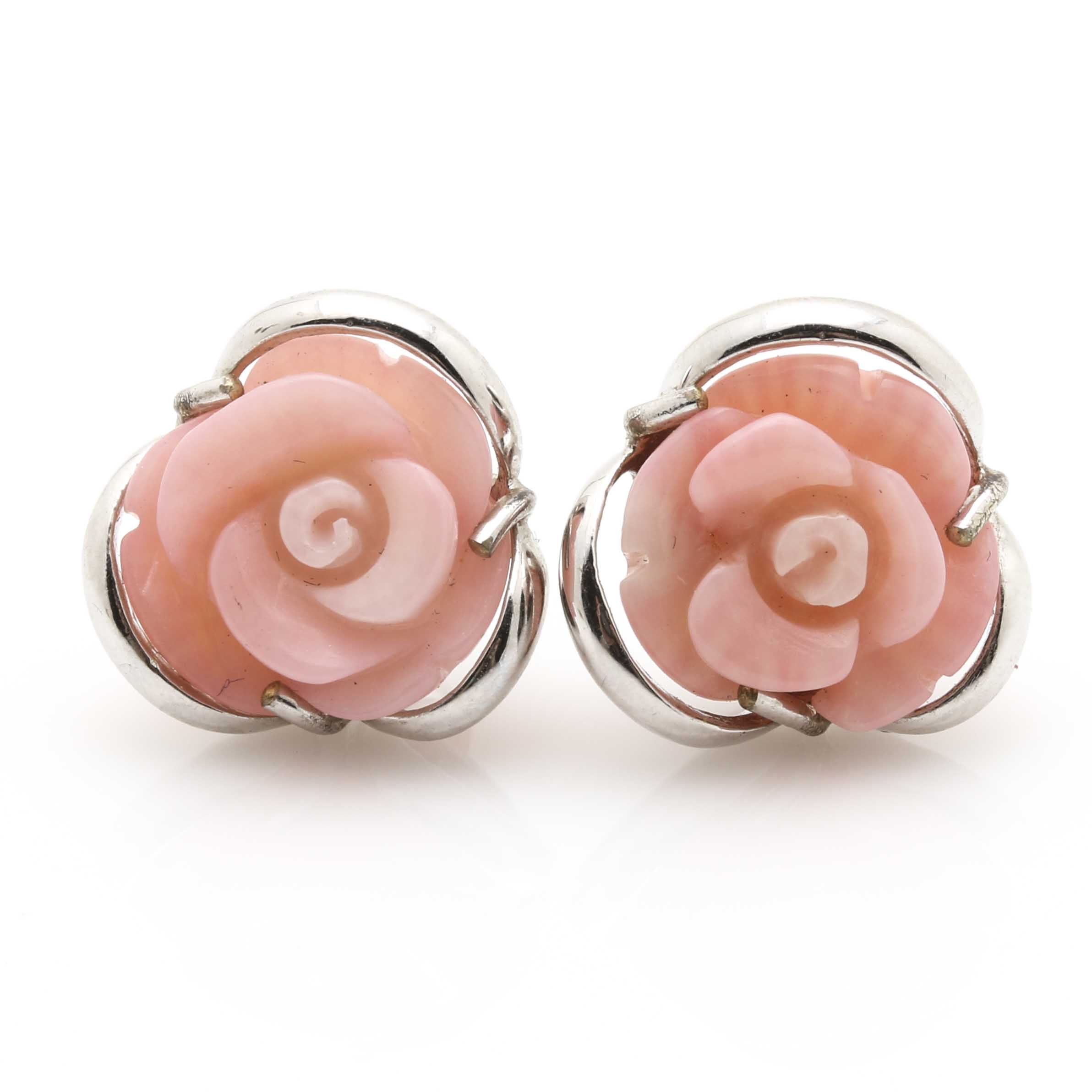 Sterling Silver Cubic Zirconia and Rose Shell Parure With Married Earrings