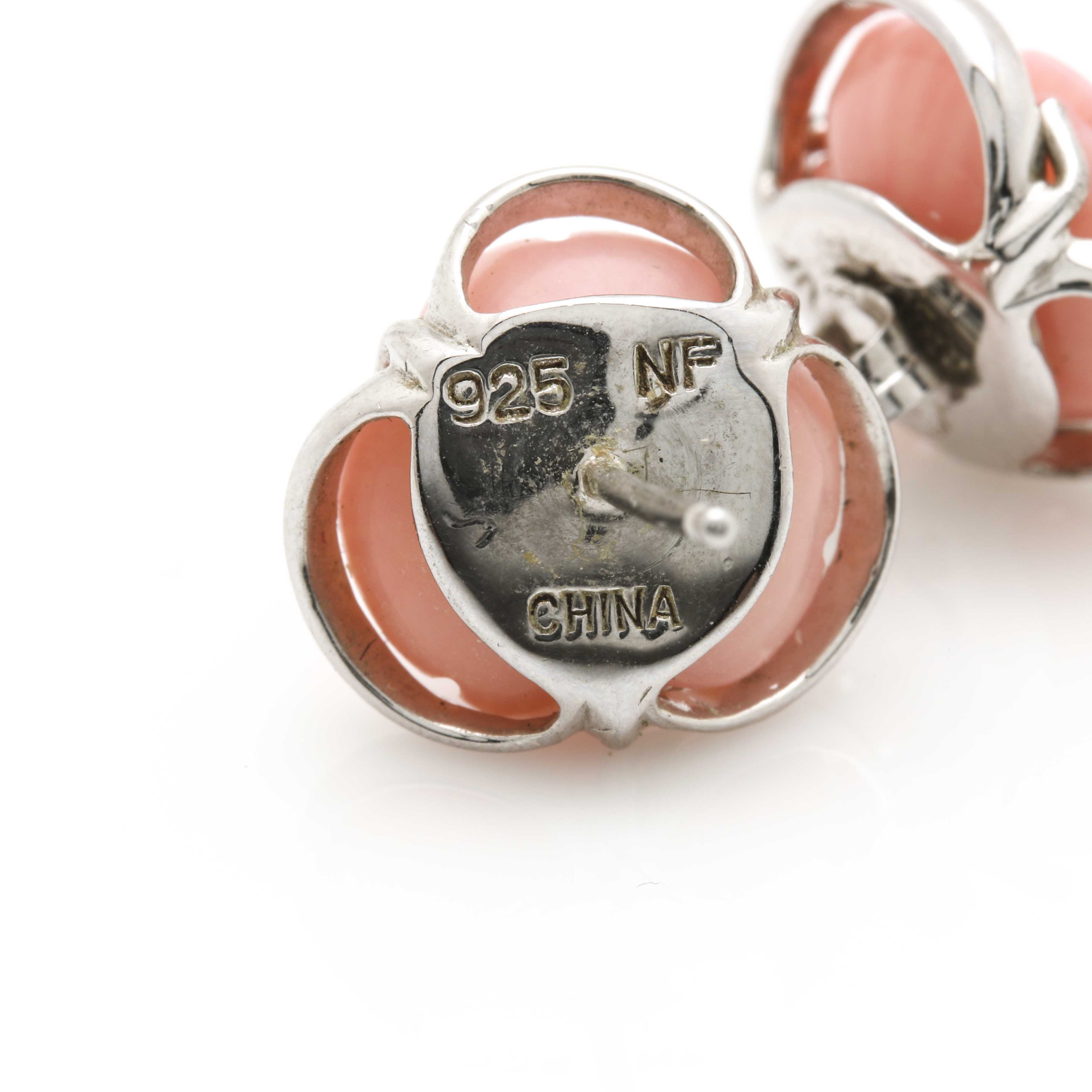 Sterling Silver Cubic Zirconia and Rose Shell Parure With Married Earrings