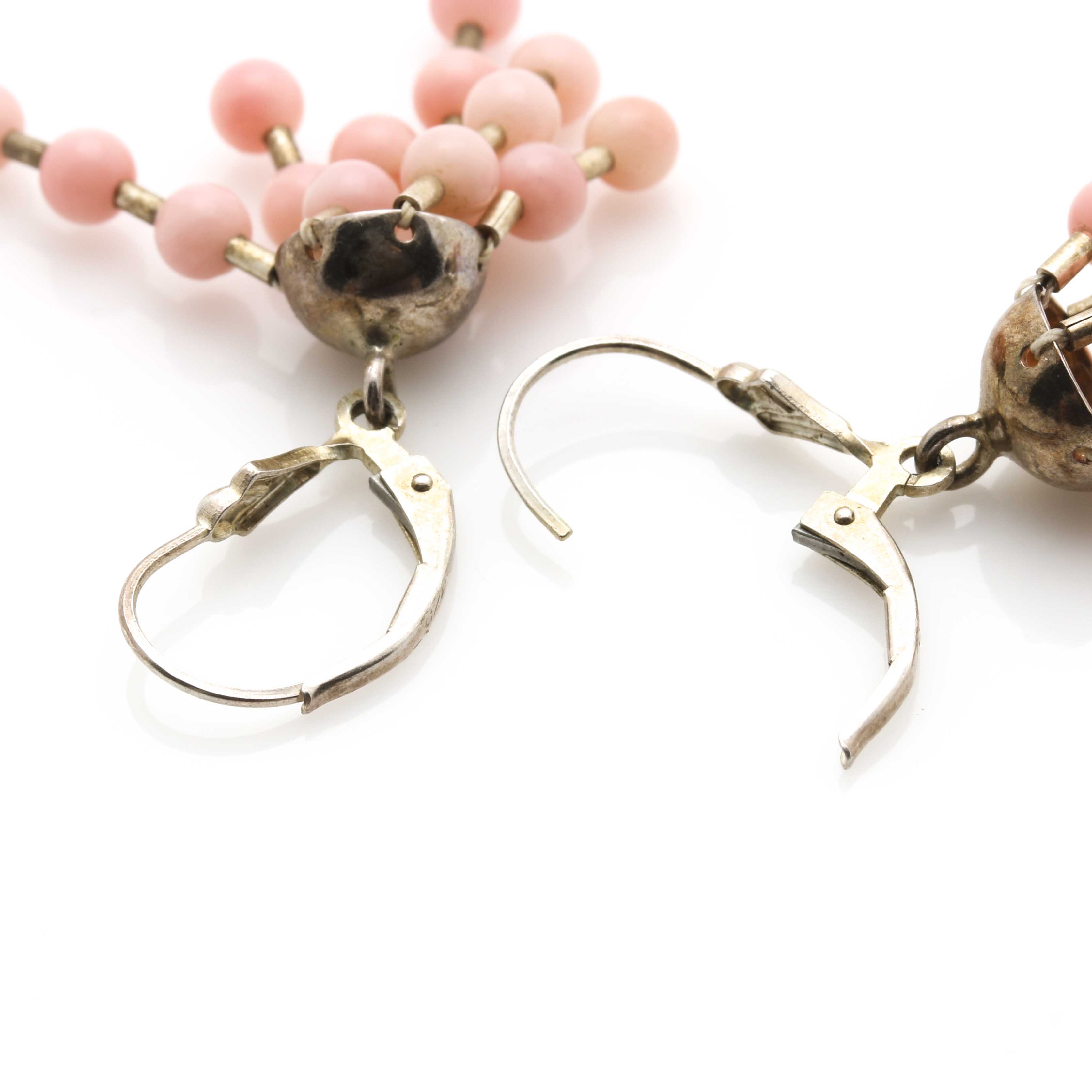 Sterling Silver Cubic Zirconia and Rose Shell Parure With Married Earrings