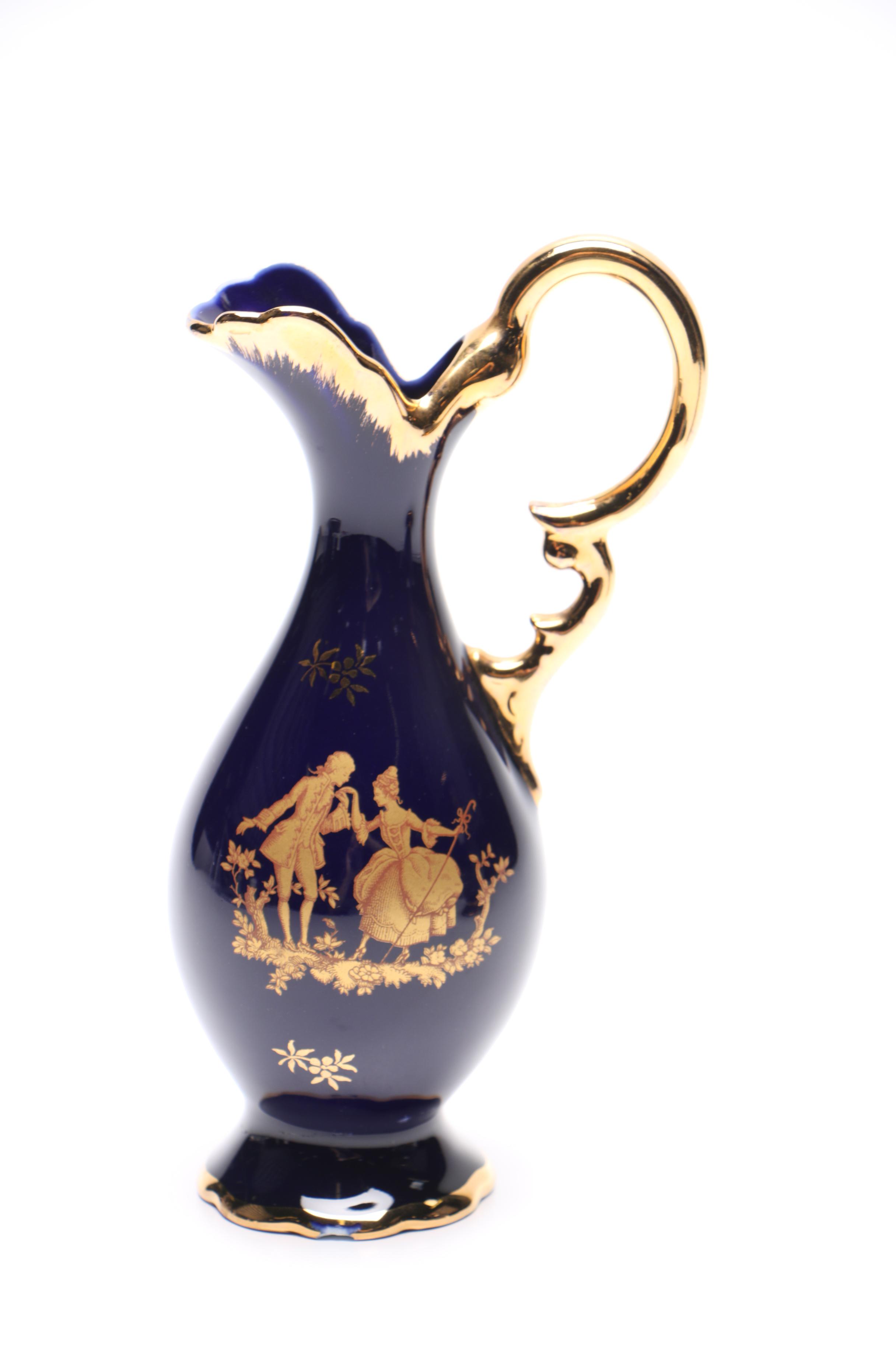 Cobalt and Gold-Tone Porcelain Vessels Featuring Limoges Pieces