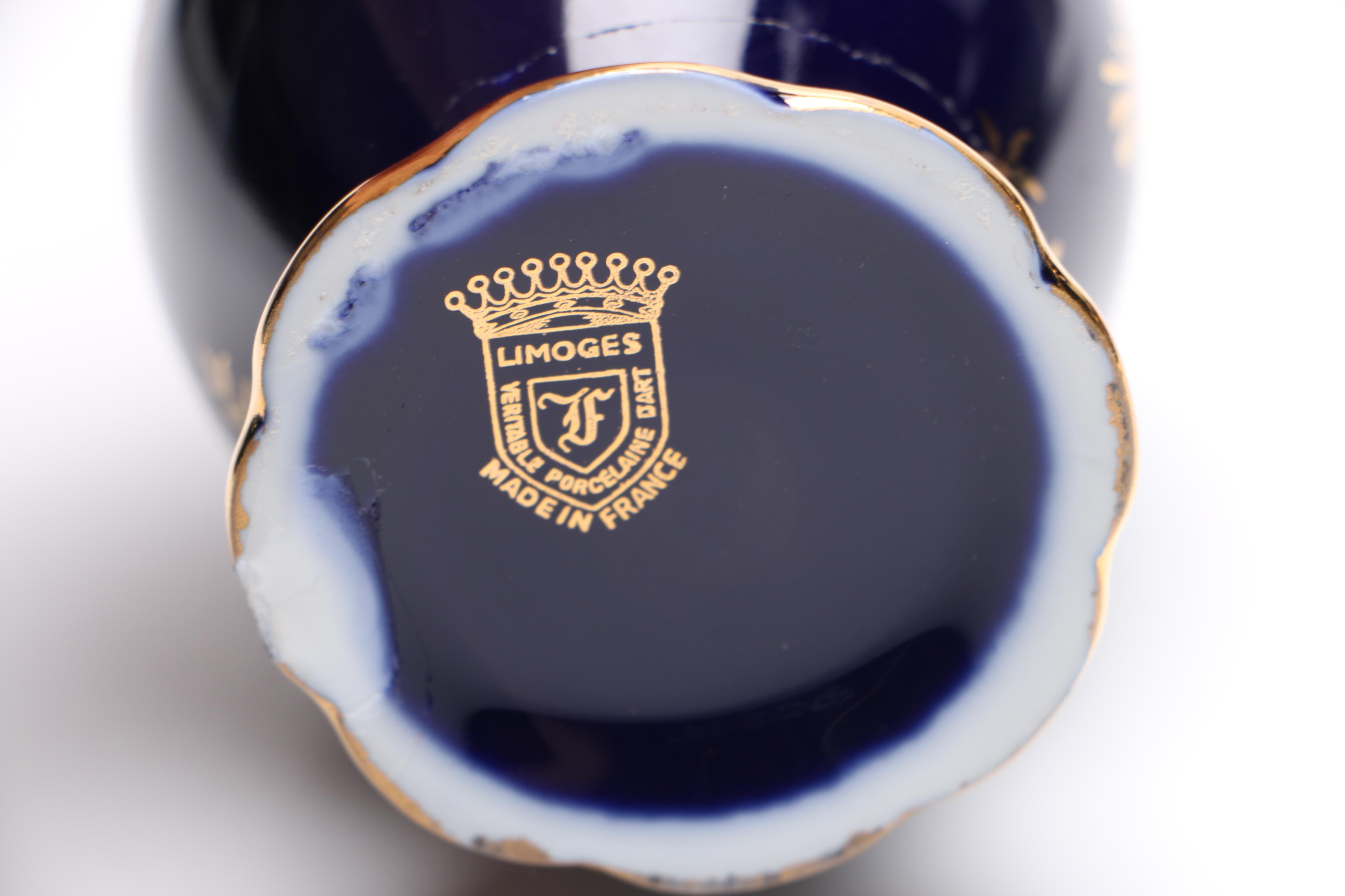 Cobalt and Gold-Tone Porcelain Vessels Featuring Limoges Pieces