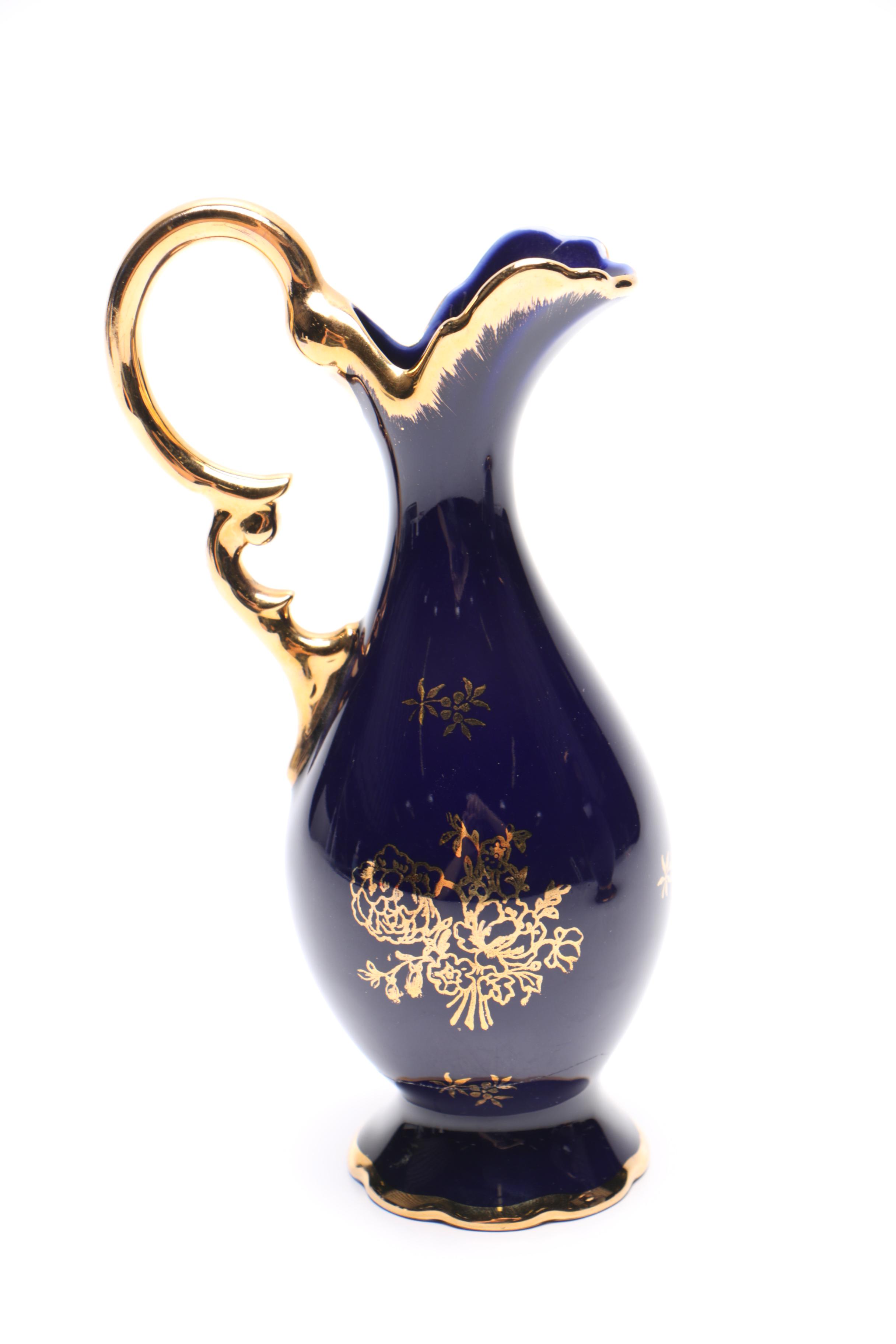 Cobalt and Gold-Tone Porcelain Vessels Featuring Limoges Pieces