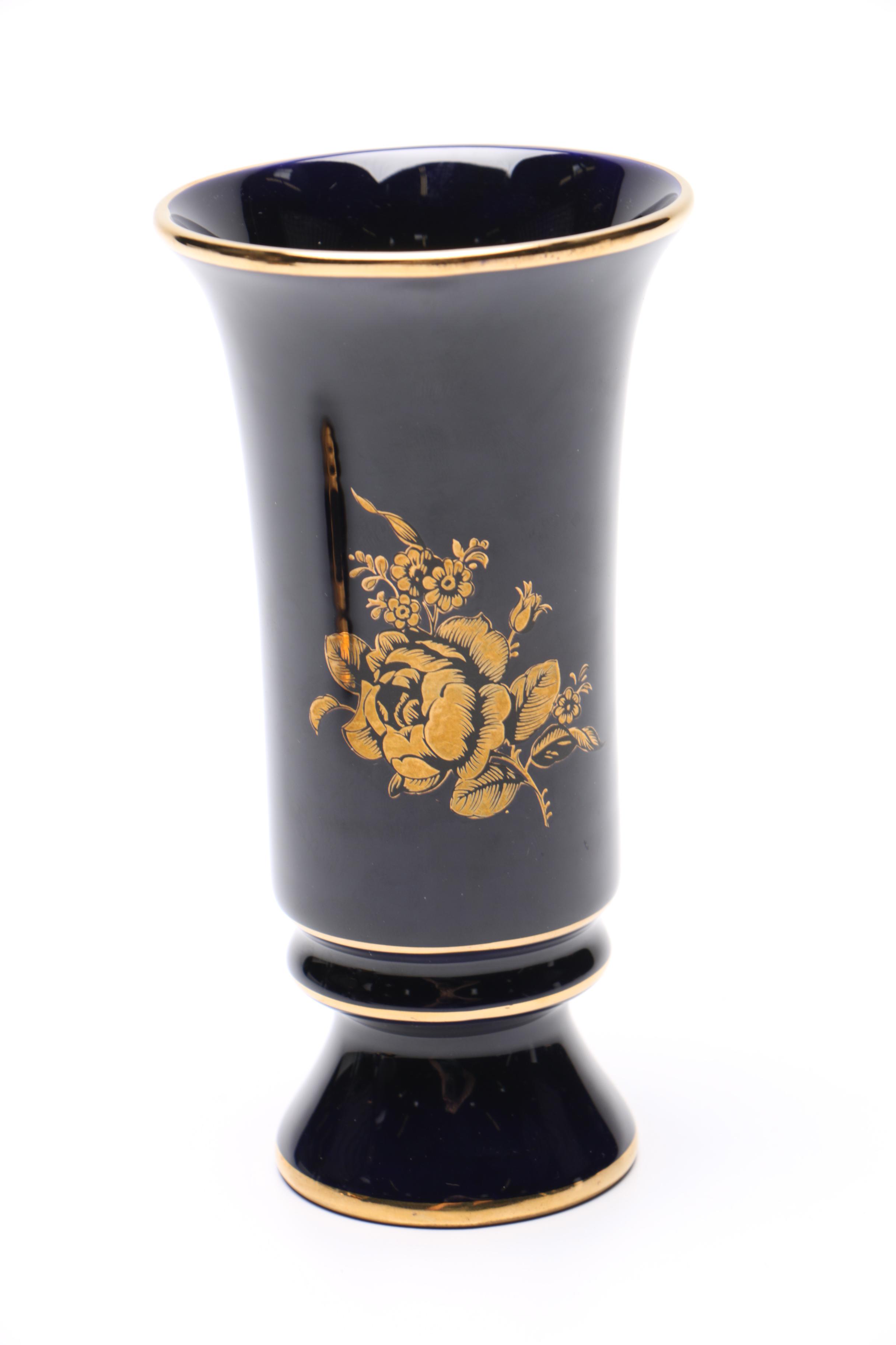 Cobalt and Gold-Tone Porcelain Vessels Featuring Limoges Pieces