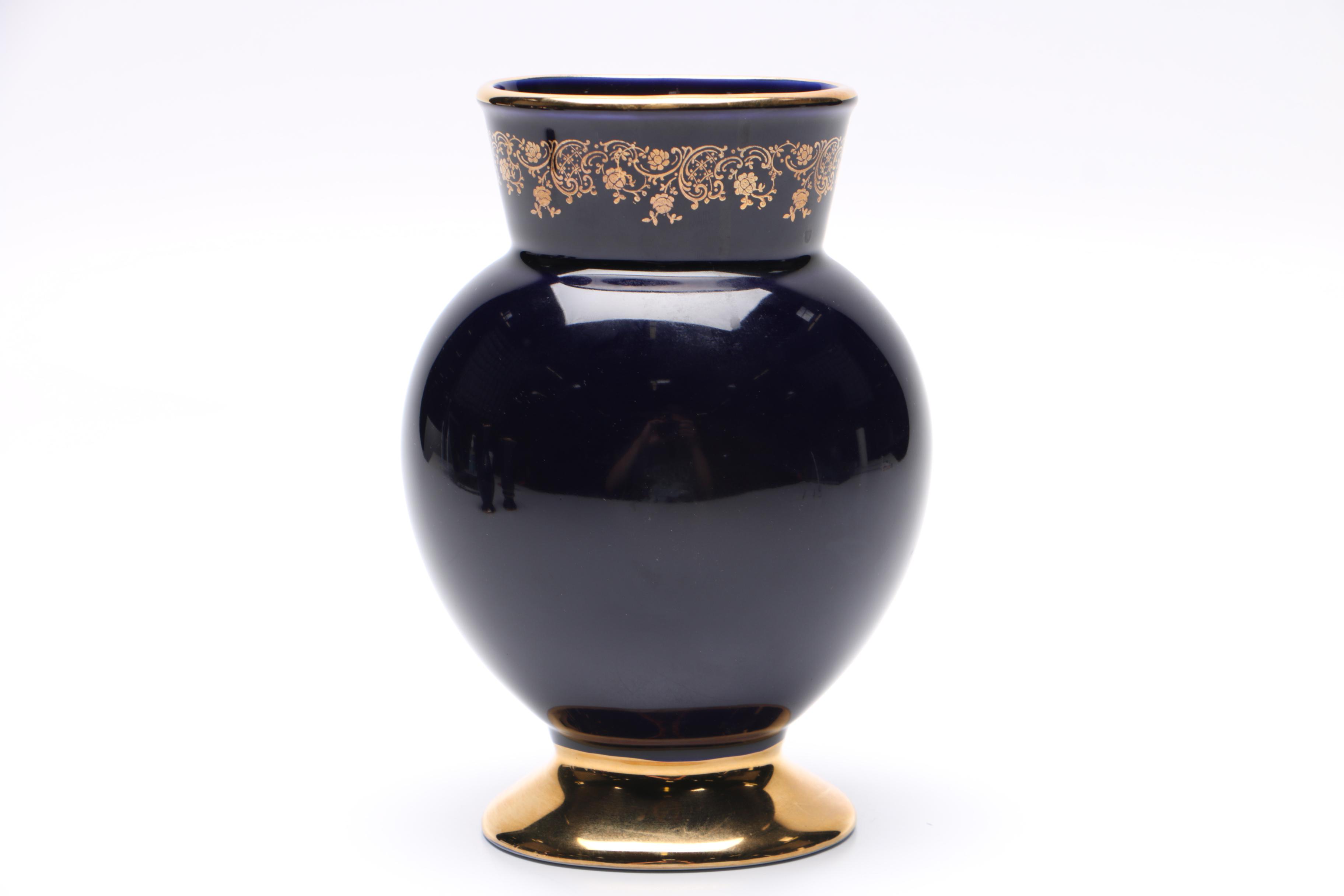 Cobalt and Gold-Tone Porcelain Vessels Featuring Limoges Pieces