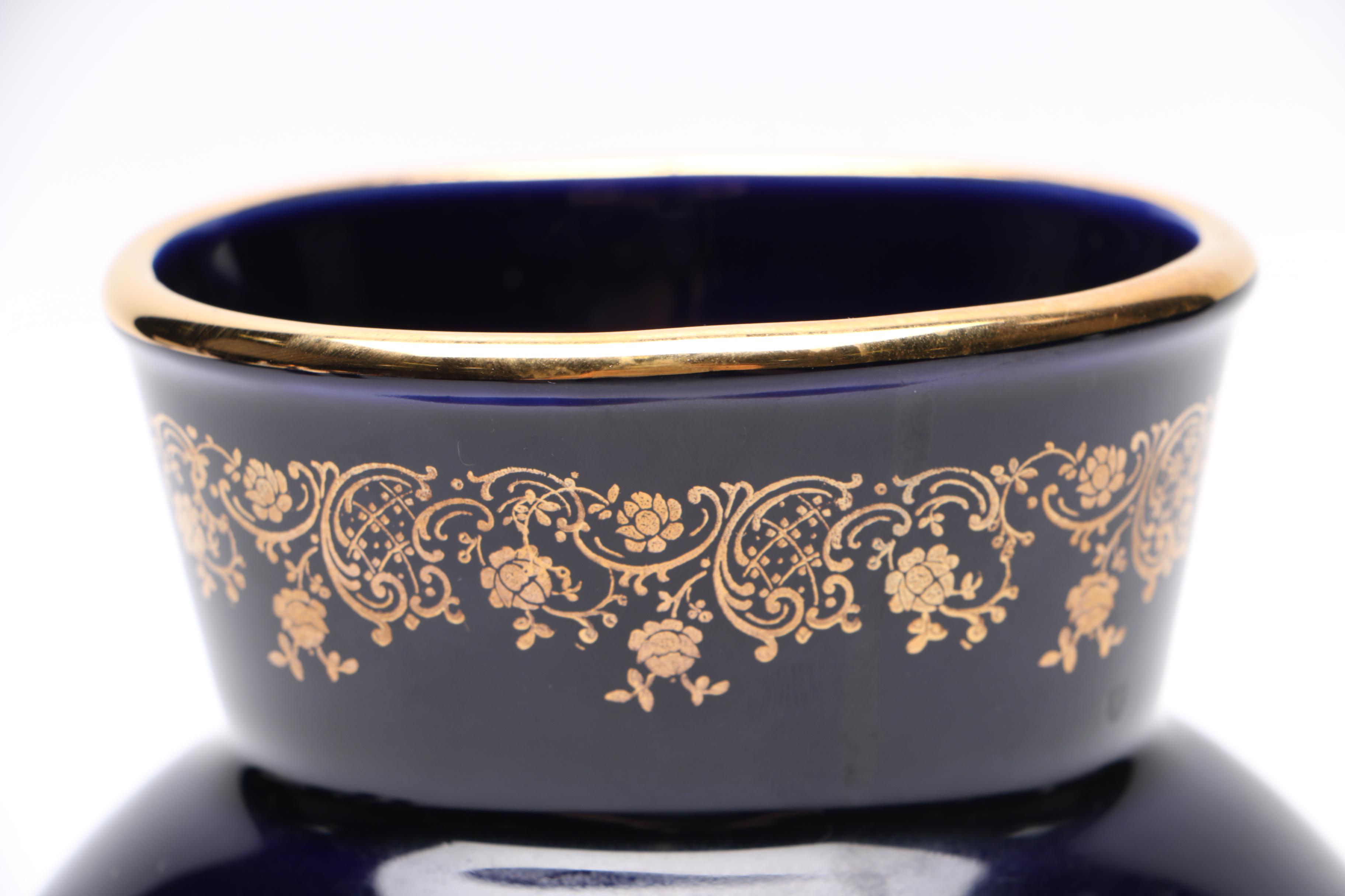 Cobalt and Gold-Tone Porcelain Vessels Featuring Limoges Pieces