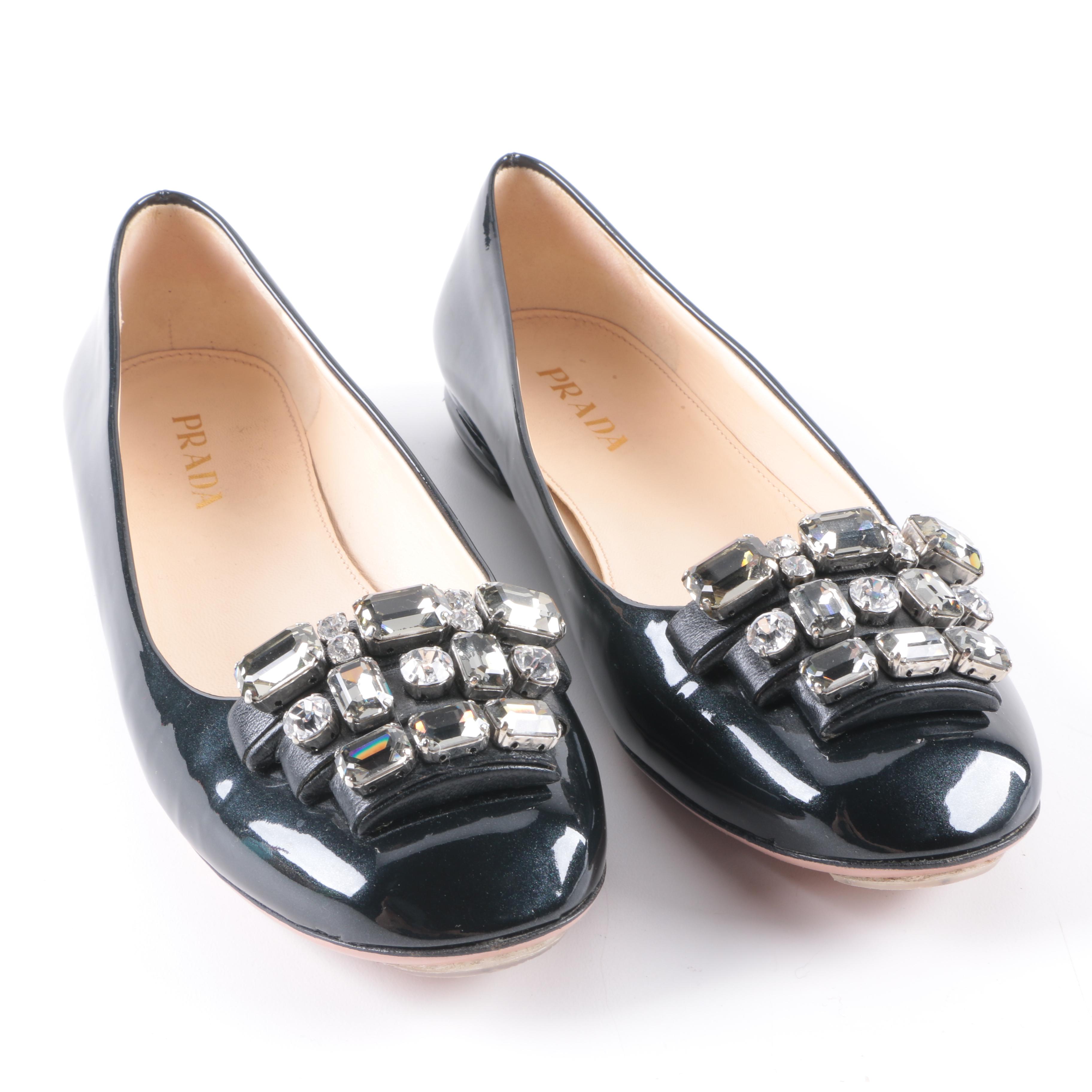 Prada Black Patent Leather Studded Flats
