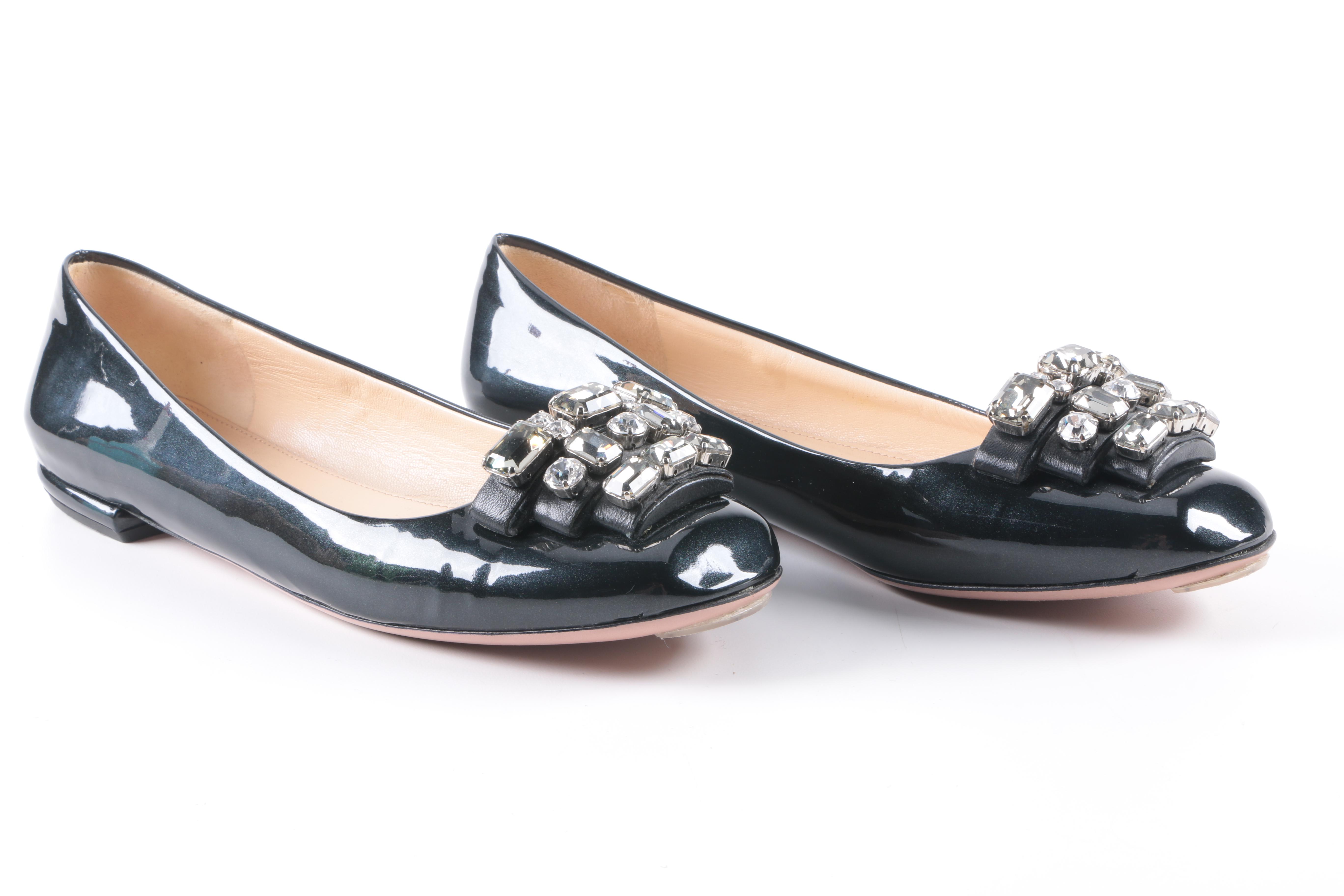 Prada Black Patent Leather Studded Flats