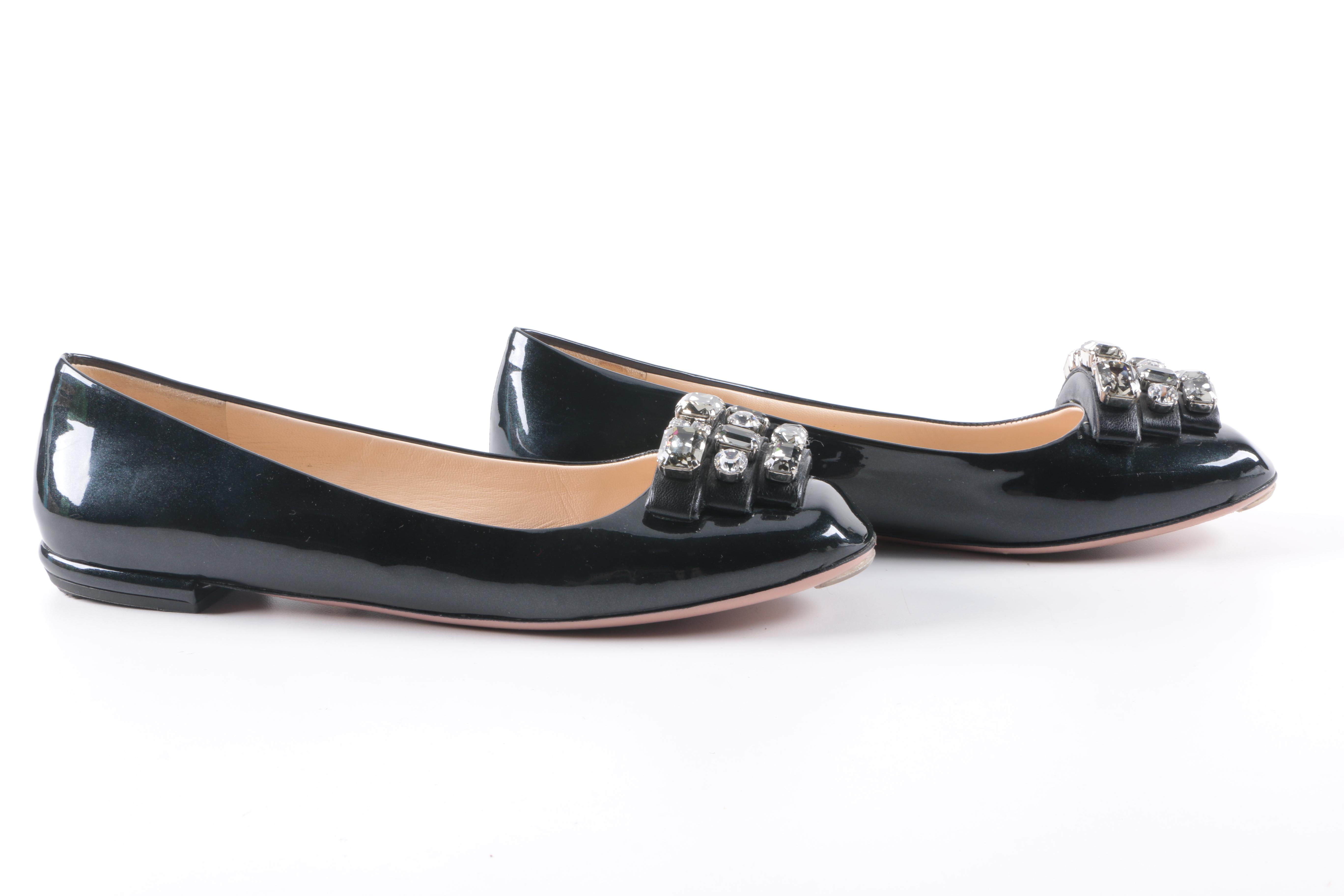 Prada Black Patent Leather Studded Flats