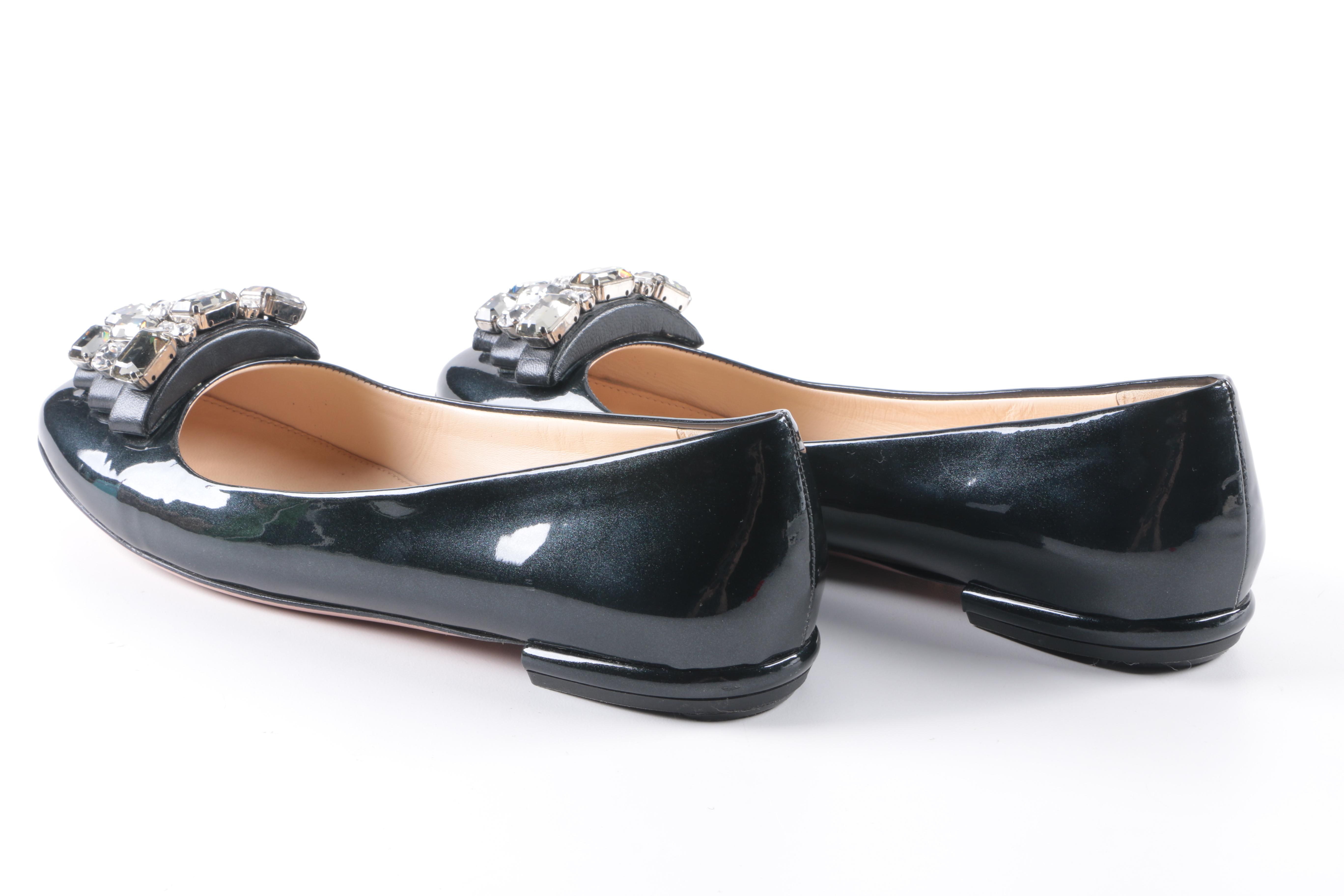 Prada Black Patent Leather Studded Flats