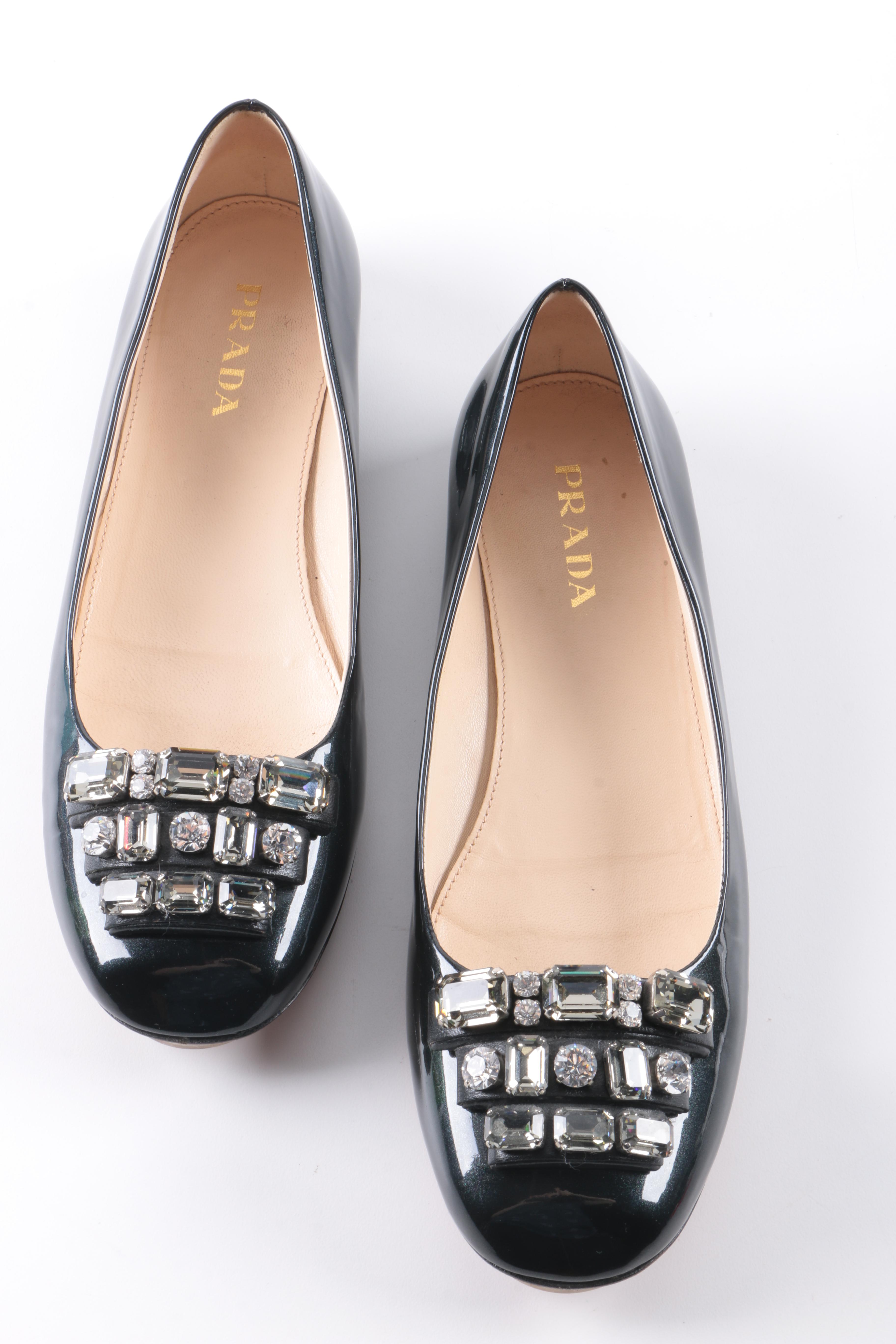 Prada Black Patent Leather Studded Flats