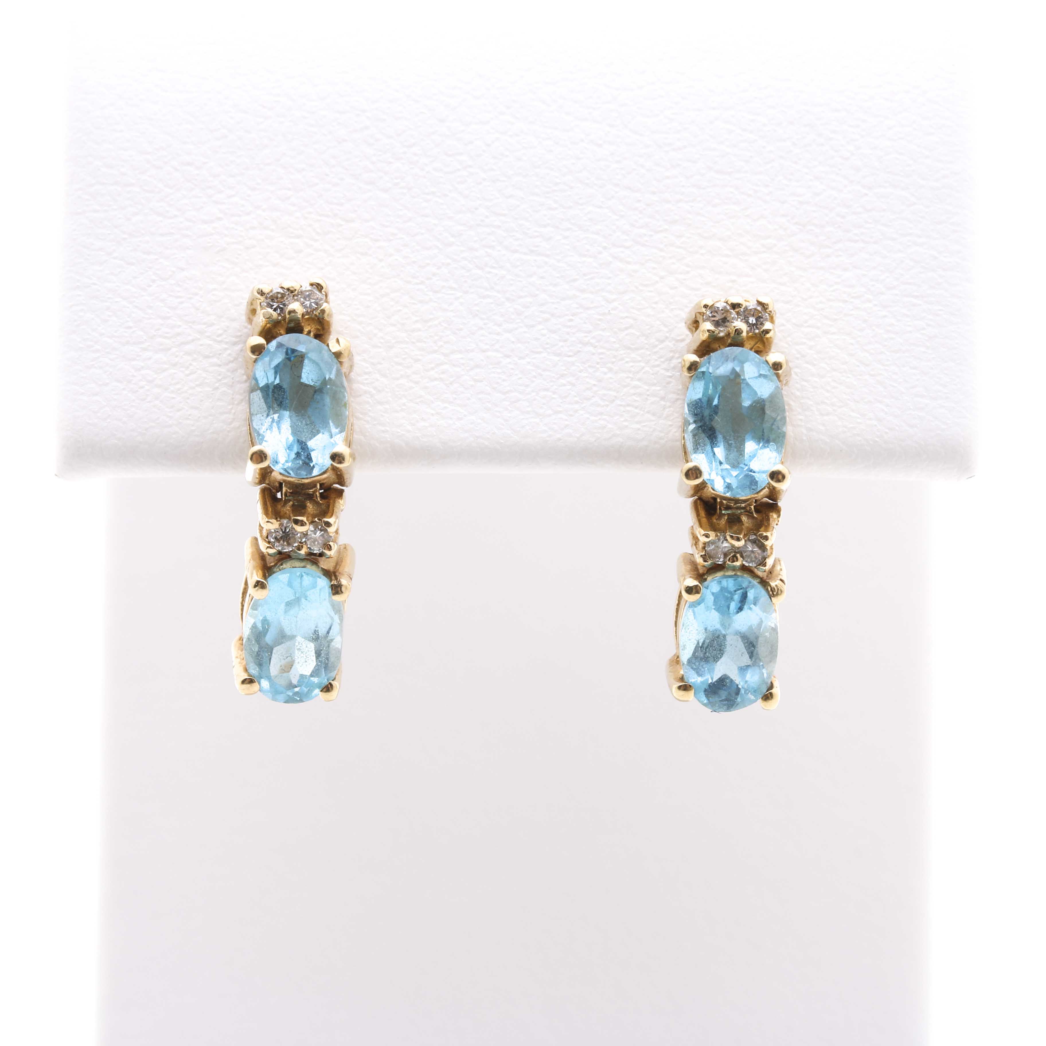 14K Yellow Gold Blue Topaz and Diamond Earrings