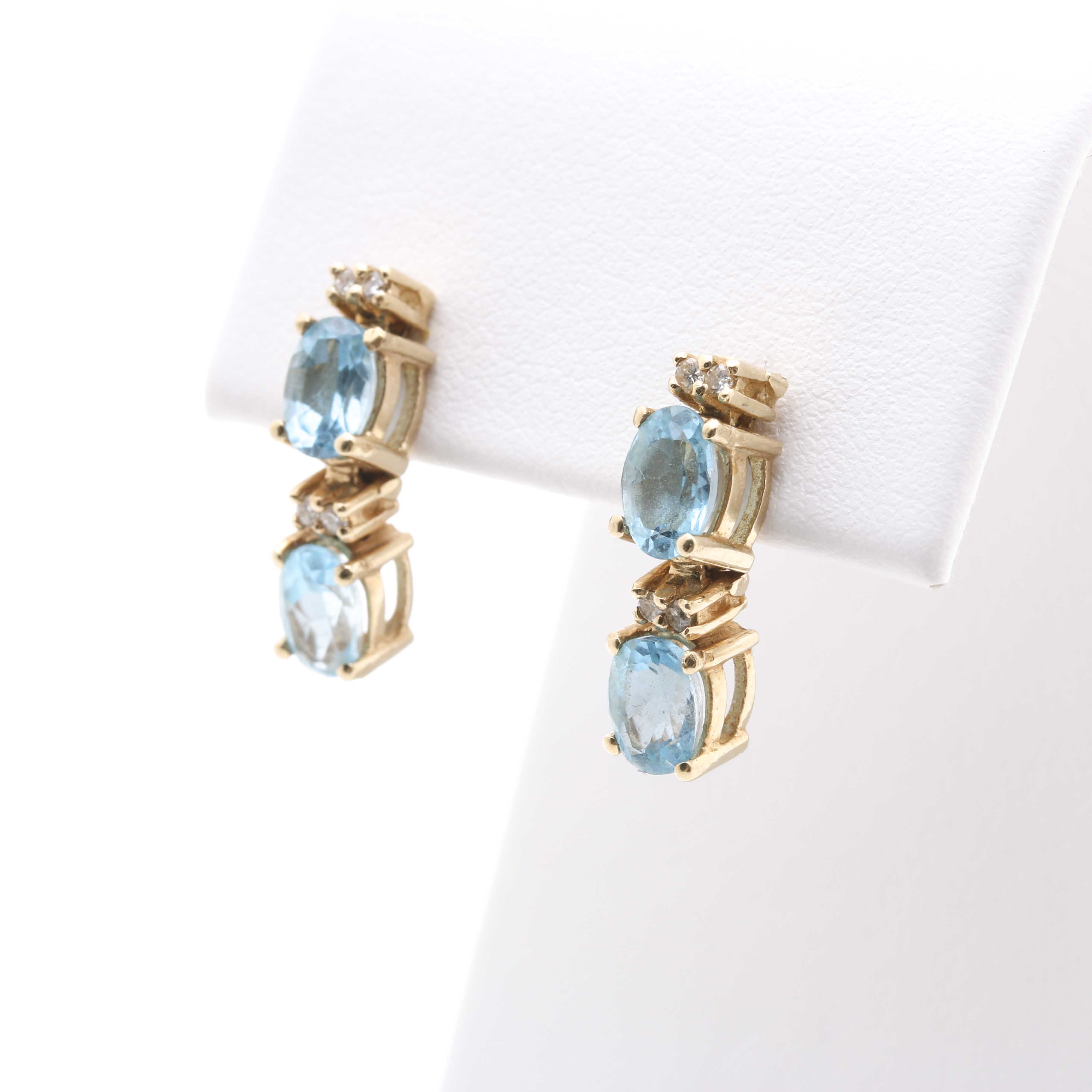 14K Yellow Gold Blue Topaz and Diamond Earrings