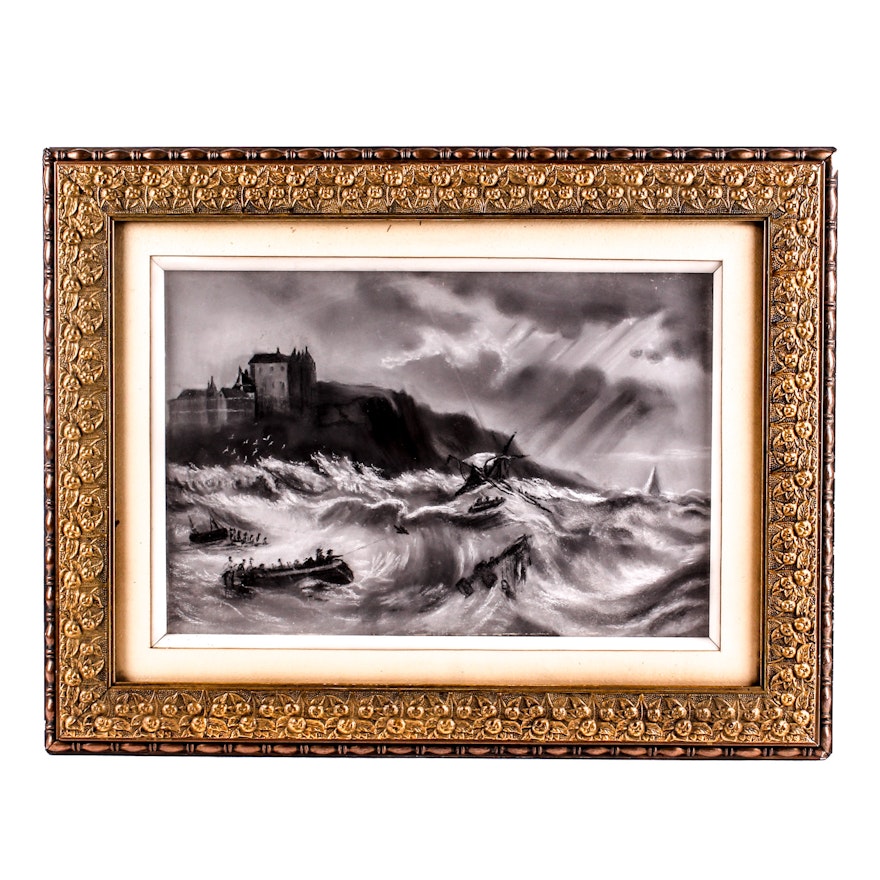 Vintage Black and White Pastel Painting of a Shipwreck