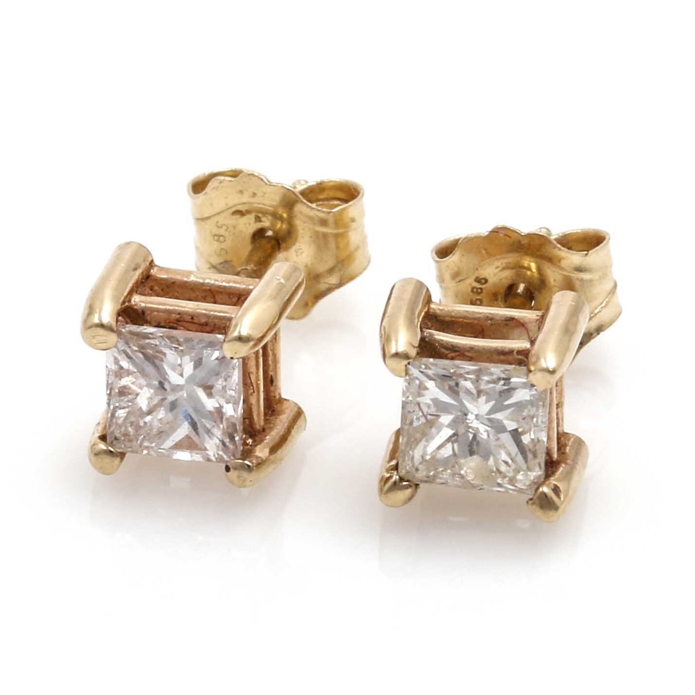 14K Yellow Gold Princess Cut Diamond Earrings