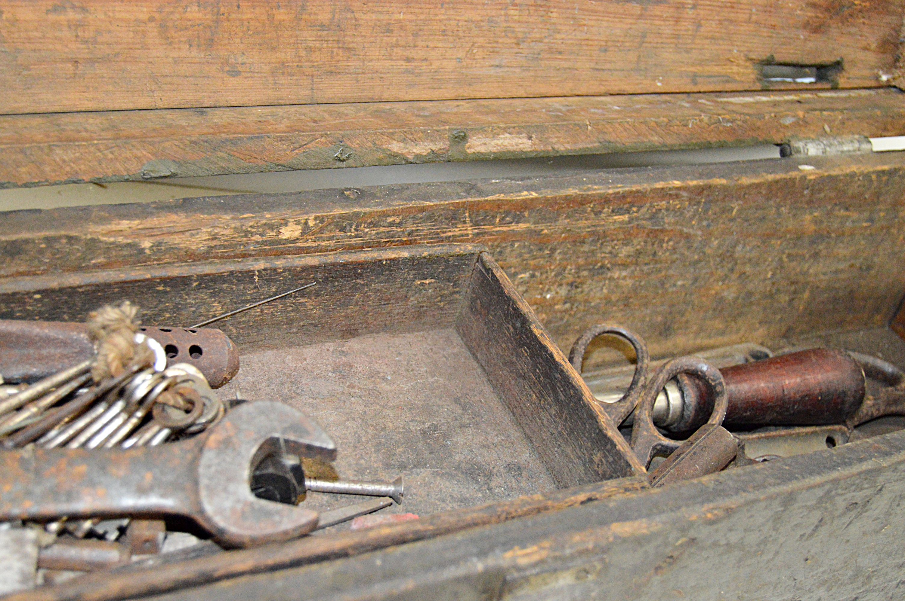 Vintage Painted Wood Toolbox with Tools